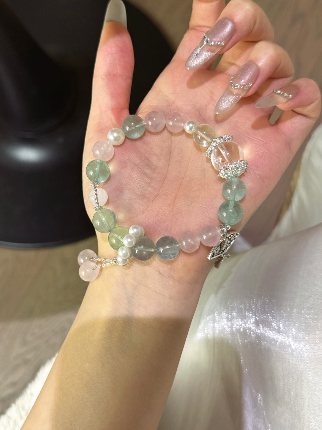 ▫️▪️ Green fluorite pink quartz white ace bracelet
